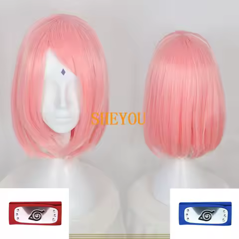 Anime Haruno Sakura Short Pink Styled Hair With Headband Heat Resistant Cosplay Costume Wigs + Wig Cap