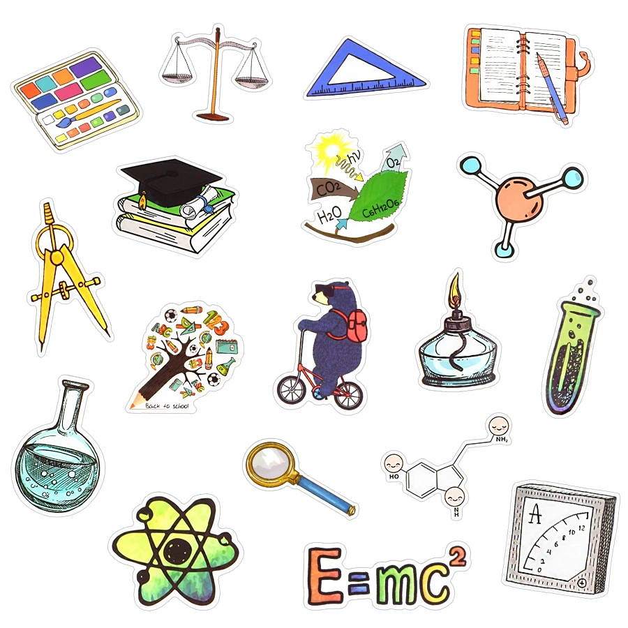 50 PCS Science Lab Stickers Cartoon Physical Chemistry Sticker for Student DIY Laptop Stationery Luggage Guitar Funny PVC Decals