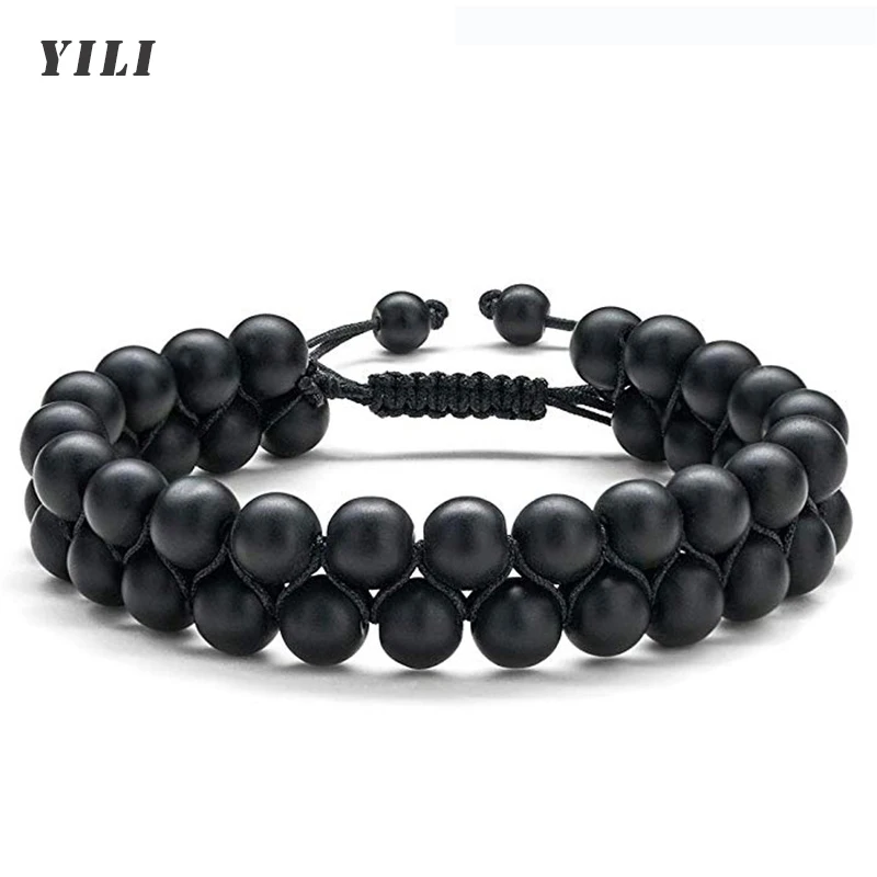 Men Women 8mm Black Matte Stone Handmade Braided Rope Natural Stone Bracelet Adjustable Double Layer Yoga Beaded Bracelets