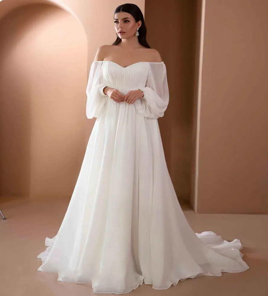 Off The Shoulder Chiffon Wedding Dress Beach 2024 Backless Long Puffy Sleeves Bridal Gown Vestidos De Noiva Robe Mariage