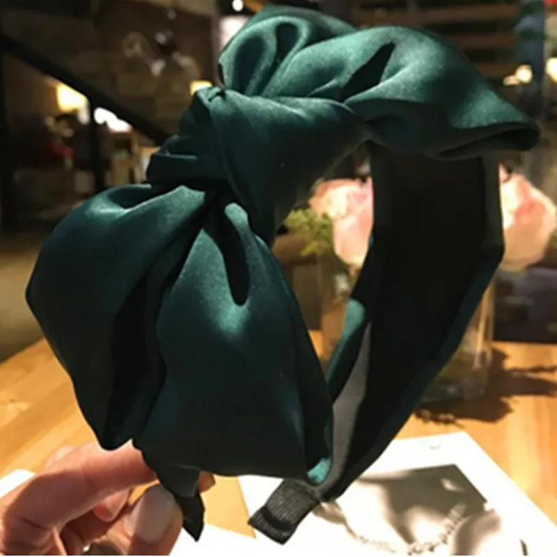 Dark Green Satin Bowknot Headband for Ladies Elegant Headdress Women Hair Accessories Solid Silk Bow Knotted Hairband Wide