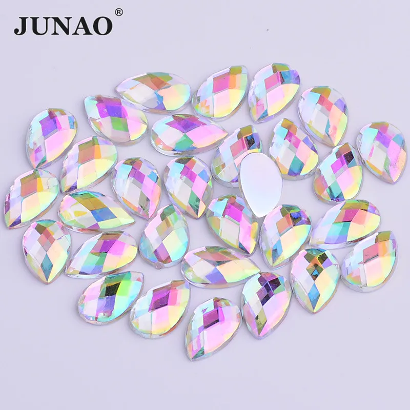 JUNAO AB Color Teardrop Crystal Rhinestones Decoration Flat Back Glitter Strass Glue on Acrylic Stones Clothing Garment Beads