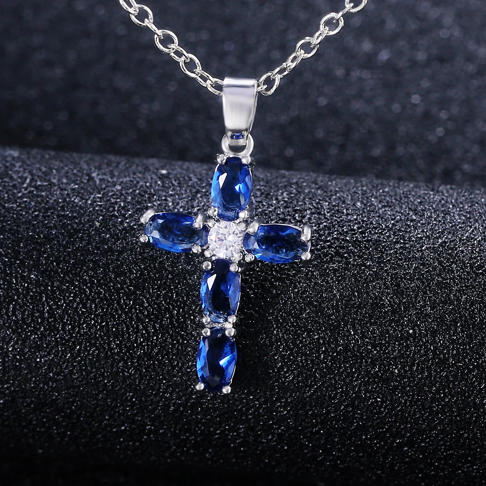 Huitan Fashion Oval Blue Stone Cross Pendant Delicate Women Necklace Daily Wear Anniversary Christmas Gift High Quality Jewelry