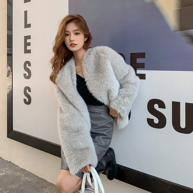 

Pink Grey Faux Fox Fur Integration Coat Winter Casual Warm V-neck Long Sleeve Single-breasted Female Short Outwear Abrigo Mujer