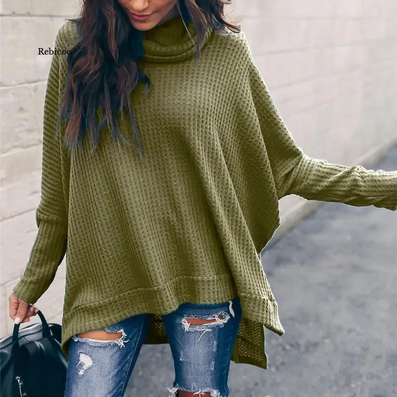 Turtleneck Knitted Winter Women Sweatshirts Pullover Autumn Split Cut Irregular Casual Oversized Hoodie Female