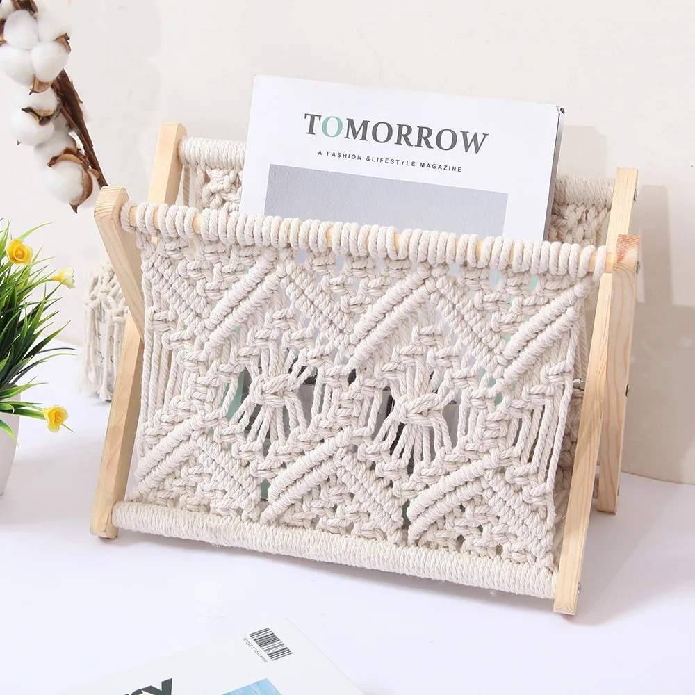 

Nordic Cotton Rope Woven Wooden Storage Rack Magazine Rack Creative Desktop Book Newspaper Rack Floor Shelf Photo Props ZB238