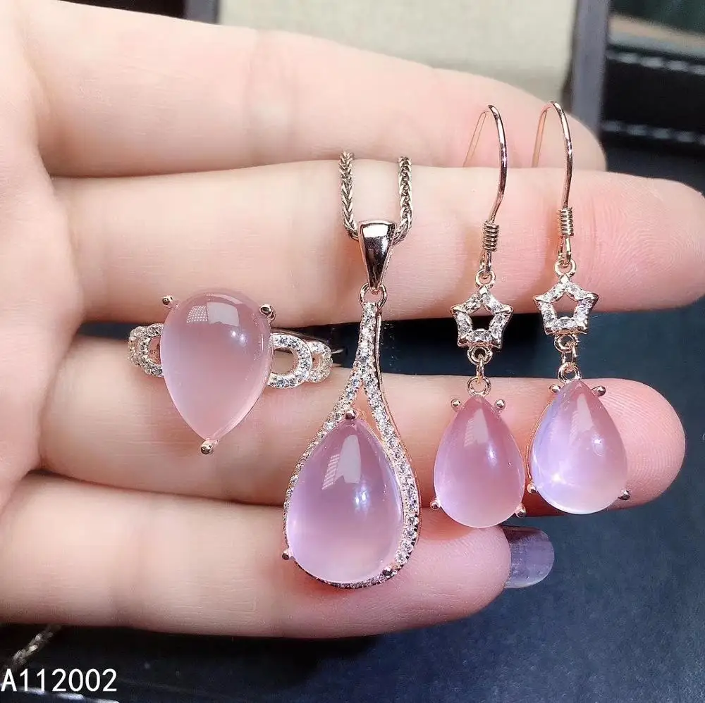 KJJEAXCMY fine jewelry natural Rose Quartz 925 sterling silver women pendant necklace ring earrings set support test elegant
