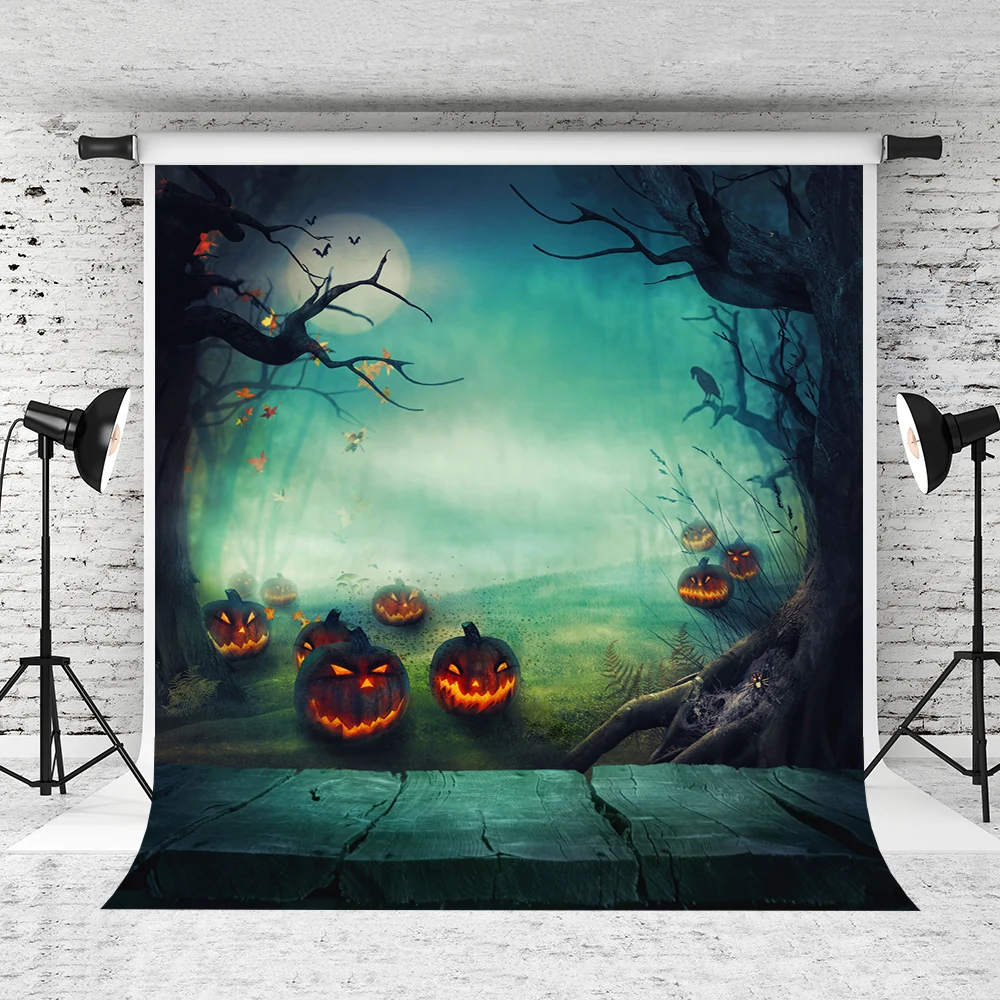 

VinylBDS Green Halloween Moonlight Photography Background Happy Pumpkin Newborn Photography Backdrop Wood Photo Studio Backdrop