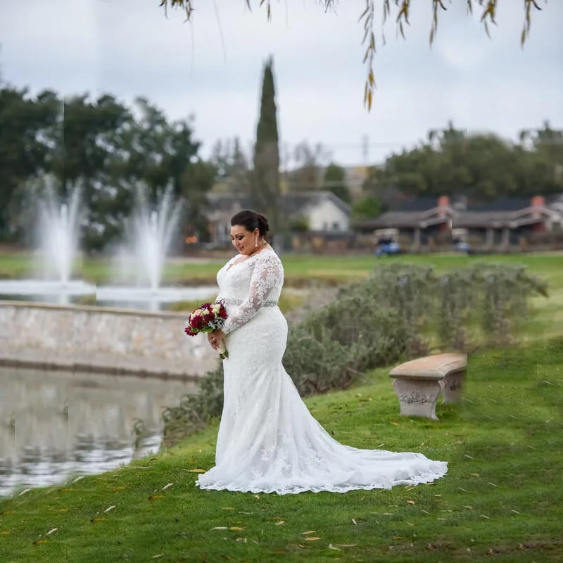 Gaun pengantin ukuran besar, gaun pengantin lengan panjang, gaun pernikahan, sabuk manik-manik, leher V, renda, gaun pengantin ukuran besar, menawan, baru, 2023