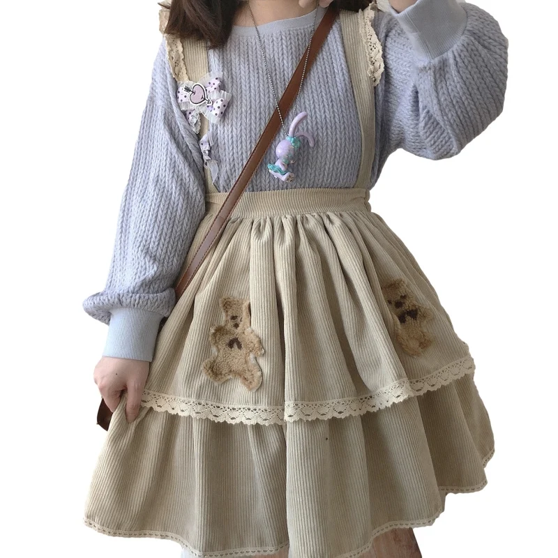 Lolita Kawaii Bear Casual Corduroy Skirt Women Cute Lace Strap Vintage High Waist School Girls Brown Pleated Suspender Skirts