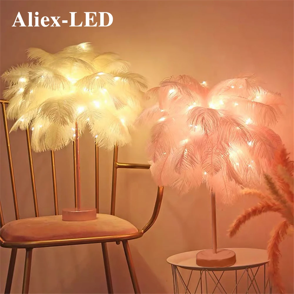 

LED Fairy Feather Lamp Desk Decorative Table Lamp Remote Control for Home Livingroom Bedroom Girl Room Wedding Decor Night Light