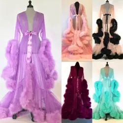 Fashion Gown Mesh Fur Sleep Wear Night Dress Nightgrown Robes Sexy Women Lingerie Sleepwear Lace Robe Home Clothes Nightwear