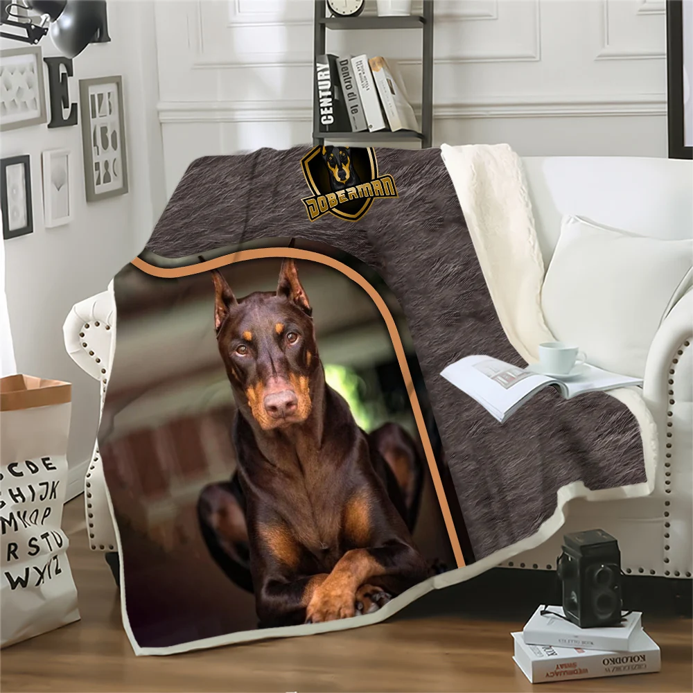 

HX Animal Blankets 3D Graphic Doberman Double Layer Blanket Pets Printed Keep Warm Plush Quilts Gifts For Boys Girls Adults