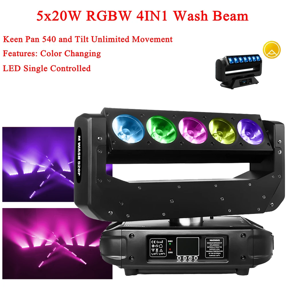 

Professional LED Wash Beam Moving Head Light 5x20W RGBW 4IN1 LED Beam Lights DMX DJ Christmas Party Venue Show Stage Lights