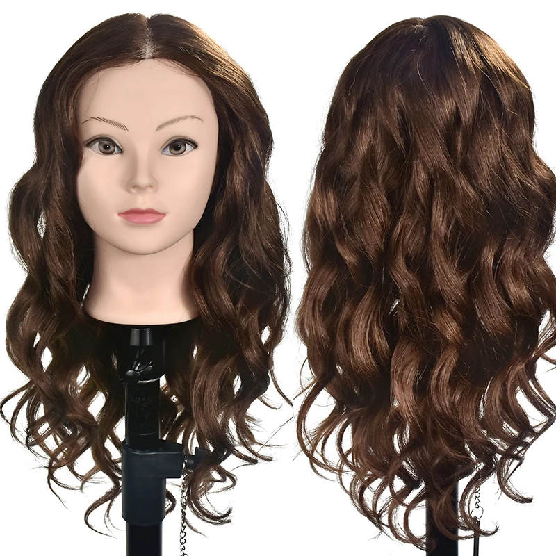 

20" Human Hair Training Head Long Brown Hair for Salon Hairdressing Dummy Dolls Professional Perm Bleaching Hair Head Mannequin