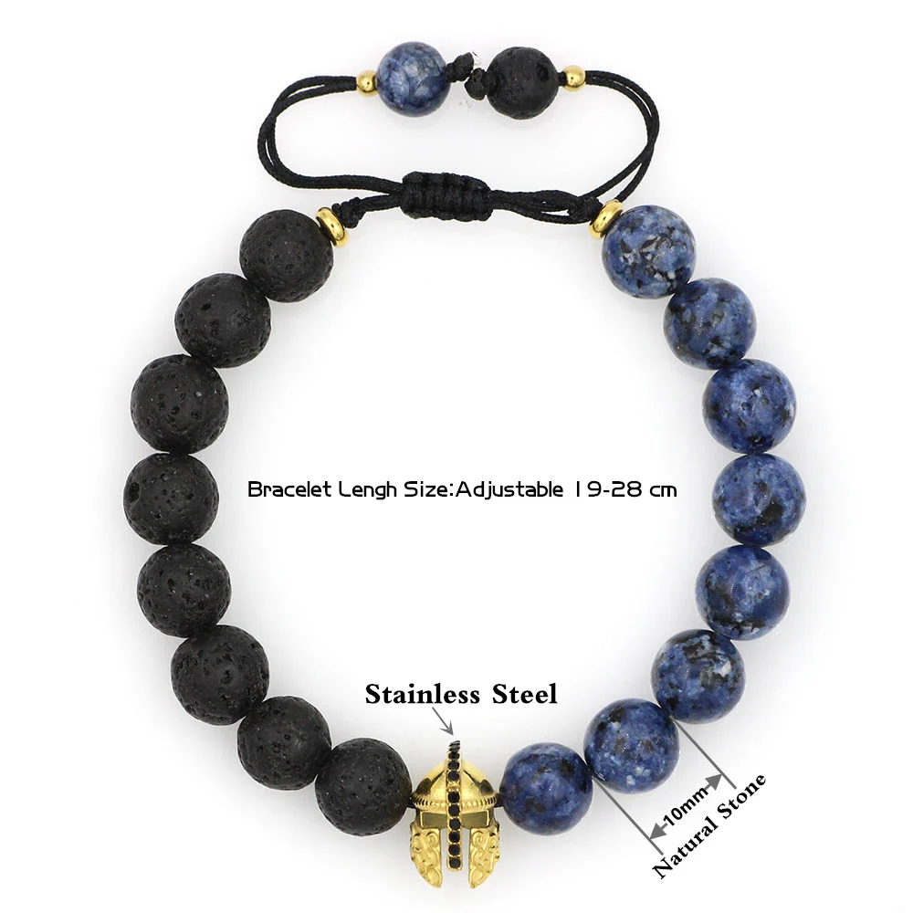Lava Stone Beads Bracelet Stainless Steel Roman Knight Spartan Warrior Gladiator Helmet Strand Bracelets for Men Jewelry Hombres