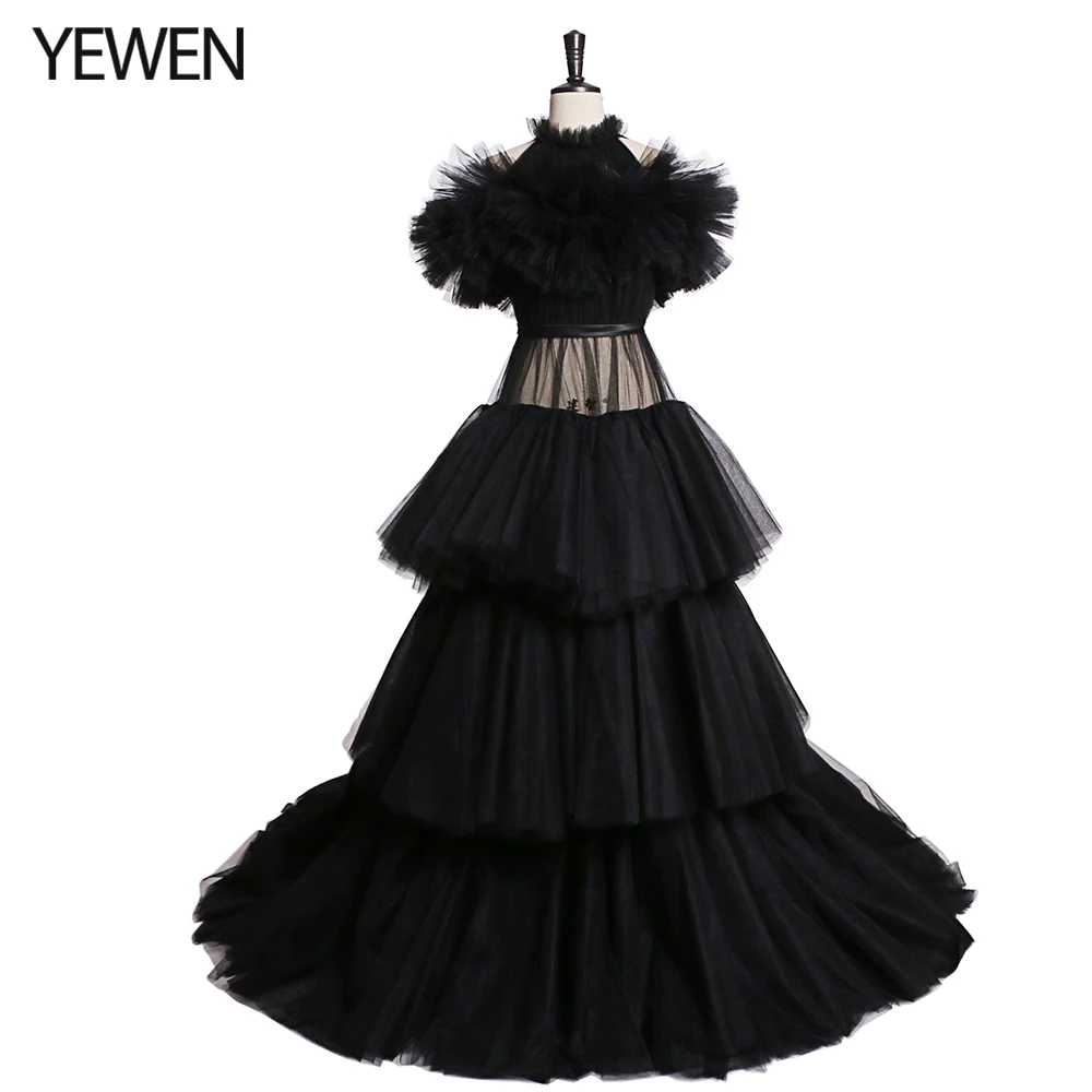 

A-Line Luxurious Sexy Party Wear Formal Evening Dress High Neckline Sleeveless Chapel Train Tulle with Tier 2021 YEWEN