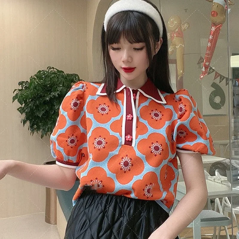 T-shirts Women Orange Turn Down Collar Sweet Summer Floral Vintage Stylish Harajuku Street Style Knitted Basic Casual Soft Femme