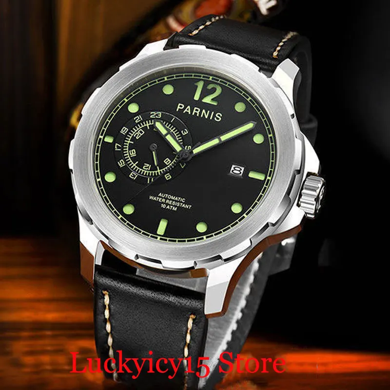 

PARNIS Brand Men's Watch 44mm Black Dial Auto Date Green Marks Sapphire Glass Automatic Movement