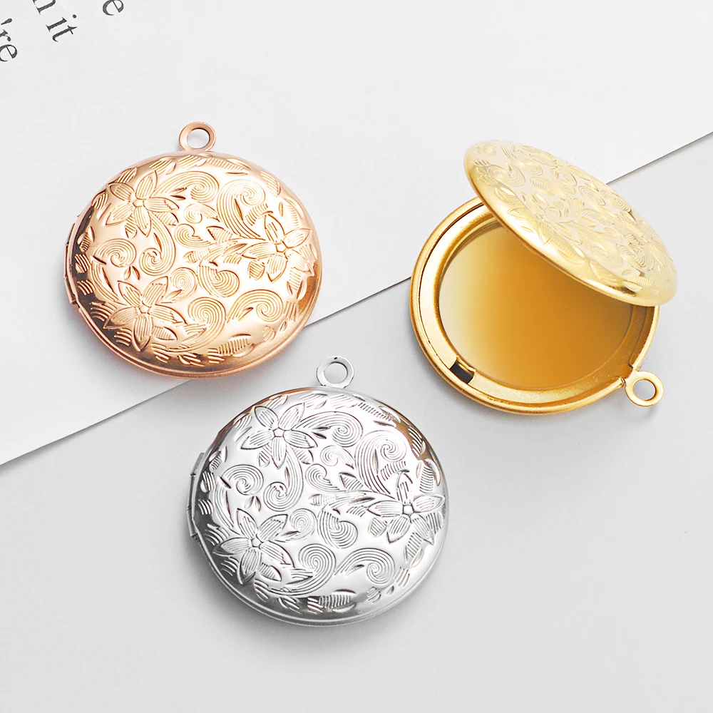 

4pcs/lot Stanless Steel Vintage Flower Pattern Photo Frame Locket Charms Can Open Round Photo Box DIY Accessories 3 Colors