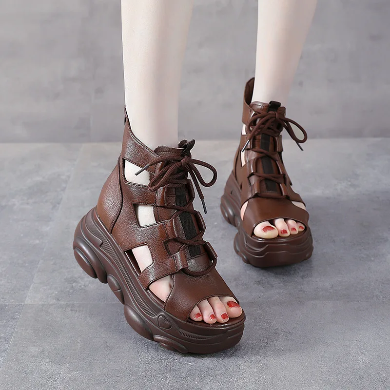 

Leather Slope with Roman High-top Thick-soled Sports Sandals Summer New Female Fish Mouth Hollow Platform Toe Layer Cowhide