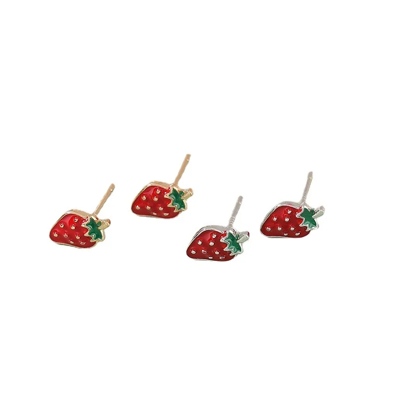 Yuniqi Tiny Fruit Strawberry Stud Earring Gold Silver Color Enamel Net Red Wild Earrings fow Women Kid Fashion Jewelry Wholesale