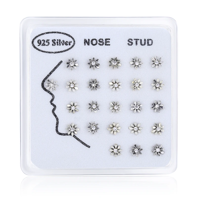 24pcs/set 100% 925 Sterling Silver Vintage Rhinestone Gold Sun Nose Rings & Studs Piercing Jewelry For Women Girls Wholesale New