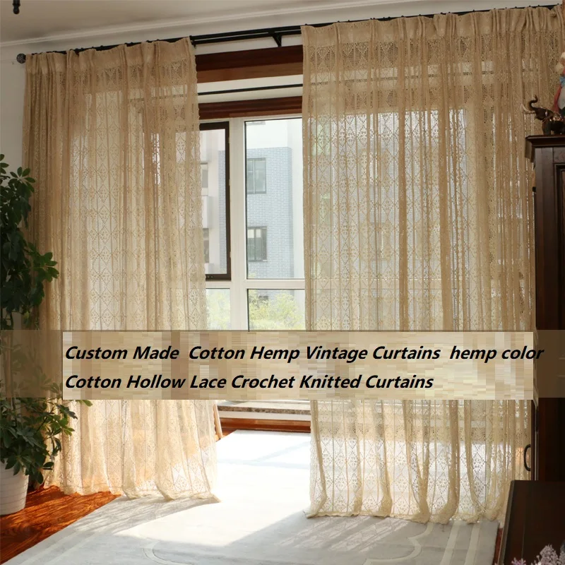 Solid Beige Cotton Thread Vintage Curtains for Bedroom Pastoral Hollow Lace Crochet Knitted Window Drapes for Livingroom Cafe