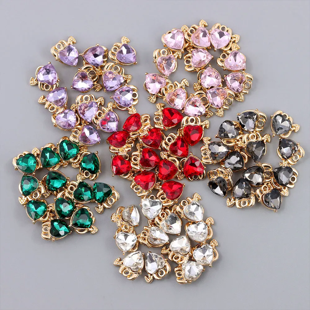 New 10Pcs Hearts Charms Colorful Crystal Devil Love Charm For Making Zinc Alloy Jewelry DIY Heart Earrings Accessories Wholesale