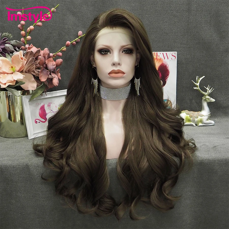 Imstyle Brown Wig Synthetic Lace Front Wig Heat Resistant Fiber Natural Wavy Lace Wigs Long Hair Daily Wigs For Women