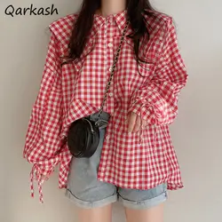 Shirts Women Plaid Peter Pan Collar Tops Design Clothing All-match Girls Lovely Puff-sleeve Korean Style Popular Tender Trendy