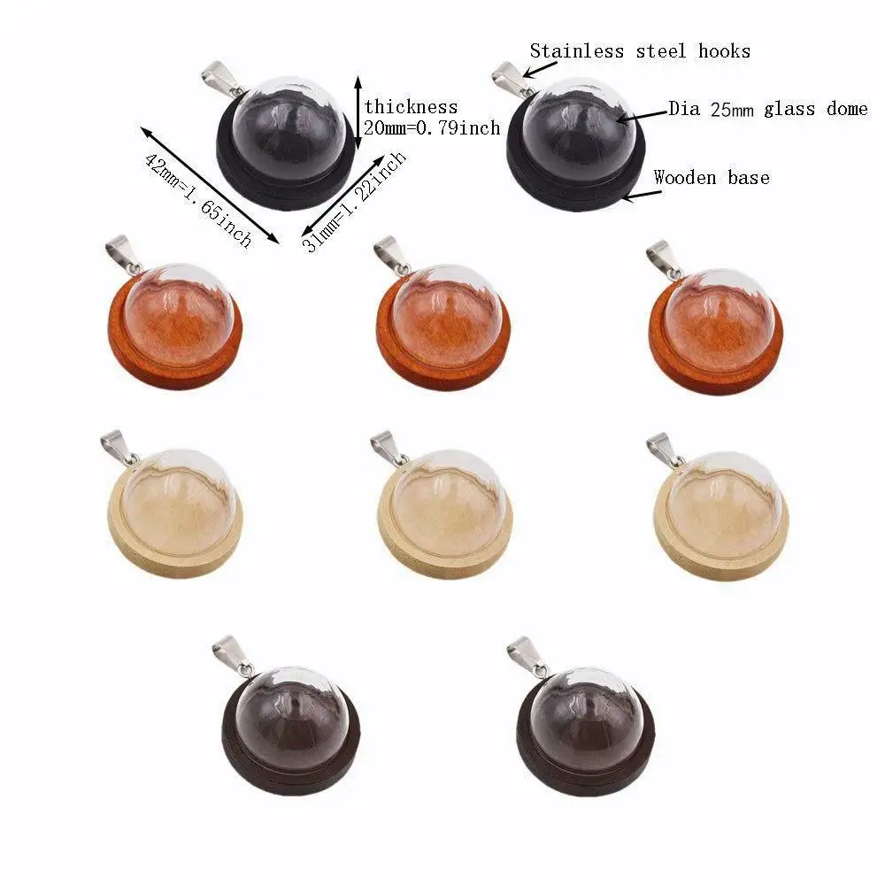 4 Pieces Glass Dome with Wooden Base Glass Vial Pendant with Wood Hollow Glass Cabochons Charms (25mm Dome Mixed Color)