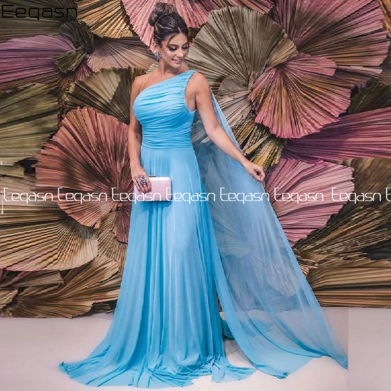 

2024 Sky Blue Chiffon Evening Dresses Long One Shoulder Chiffon Simple Prom Gowns with Streamer Mother Formal Dress