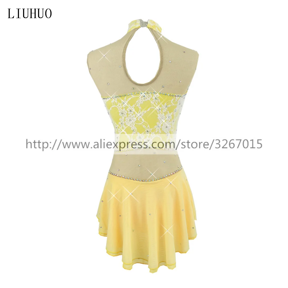 LIUHUO – robe de patinage artistique, col montant, sans manches, en dentelle jaune, vêtements pour enfants, pour femmes et filles