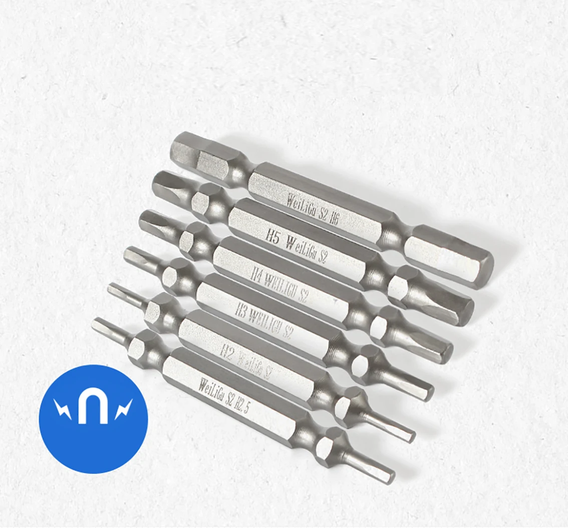 Brocas de destornillador hexagonal de doble cabeza, herramientas manuales magnéticas de acero S2, 65mm de longitud, H2-H6