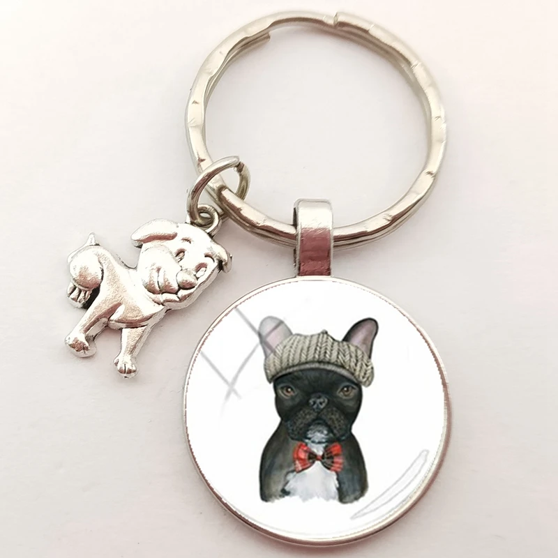 Fashion Bulldog Keychain English Bulldog Keychain Charm Round Handmade Craft Glass Dome Keychain Ladies Bag Keyring