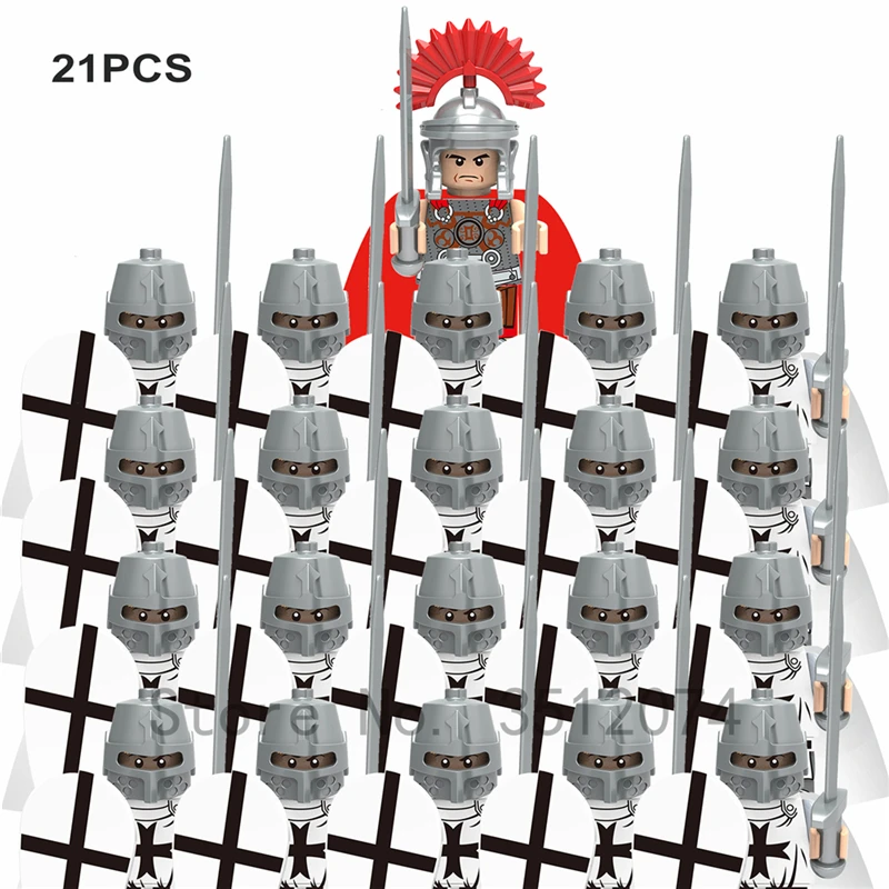 21PCS Medieval Castle Knights Kingdom Figures Centurion Spartacus Army Sets Market Helmet Weapons Building Blocks Kids Gift Toys