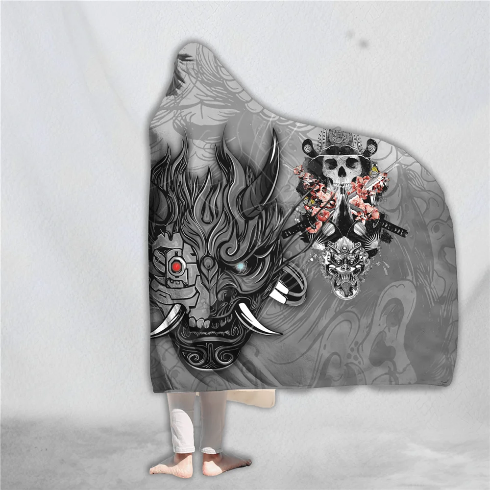 Samurai Oni Mask Tattoo Hooded Blanket 3D printed Wearable Blanket Adults Kids Various Types Hooded Blanket Wearable