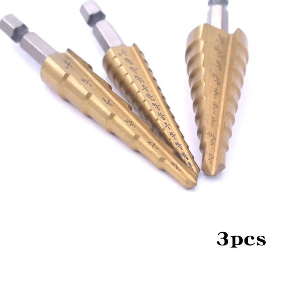 3 PCS Hexagonal Shank Step Drill High-speed Steel Reaming Hole Tool Set Straight Groove Titanium-plated Pagoda Drill Bit