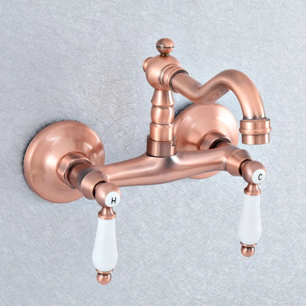 Antique Red Copper Brass Wall Mounted Kitchen Wet Bar Bathroom Sink Faucet Swivel Spout Mixer Tap Dual Ceramic Handles asf899