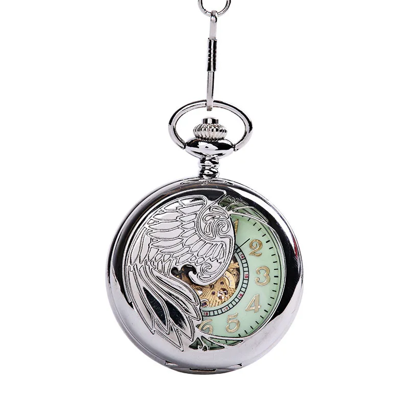 Large silver thick chain half face carved phoenix pattern mechanical pocket watch hot night fluorescent pocket watch