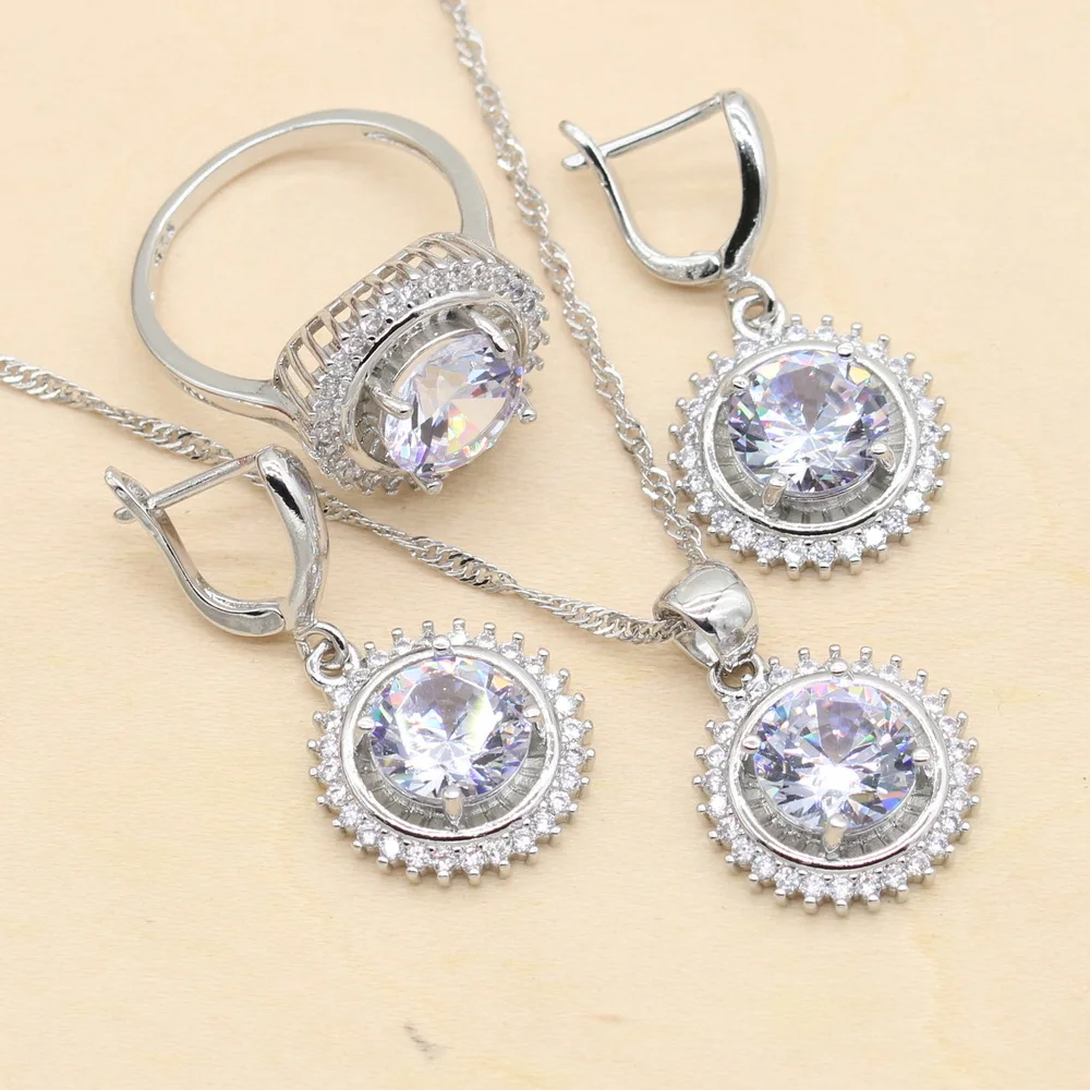 925 Silver Wedding Jewelry Sets For Women Round Shape White Zircon Bracelet Earrings Necklace Pendant Ring Gift Box