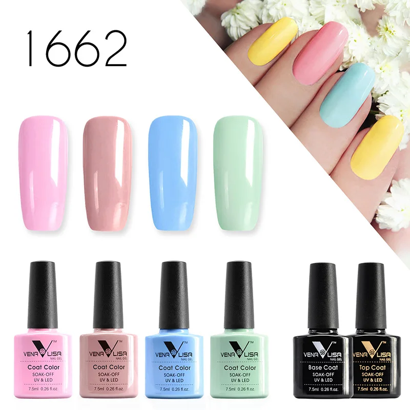 7.5ml* 6szt Venalisa Professional Nail Art Set VIP Kit Base Coat Long Wear NoWipe Top Coat Full Coverage Color Nail Gel Polish