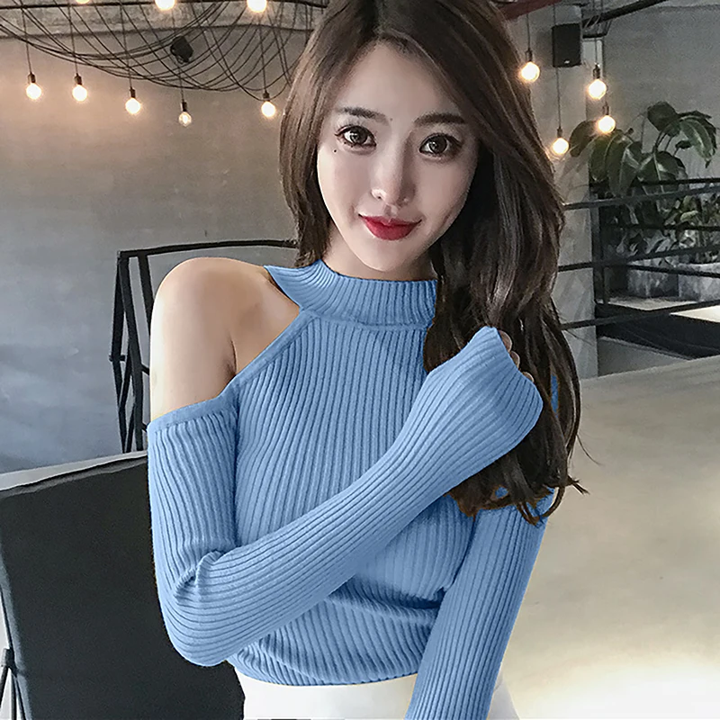 shintimes Off Shoulder Sweater Women Turtleneck Pullovers Long Sleeve 2021 Fall Winter Slim Sexy Knitted High Elastic Pull Femme