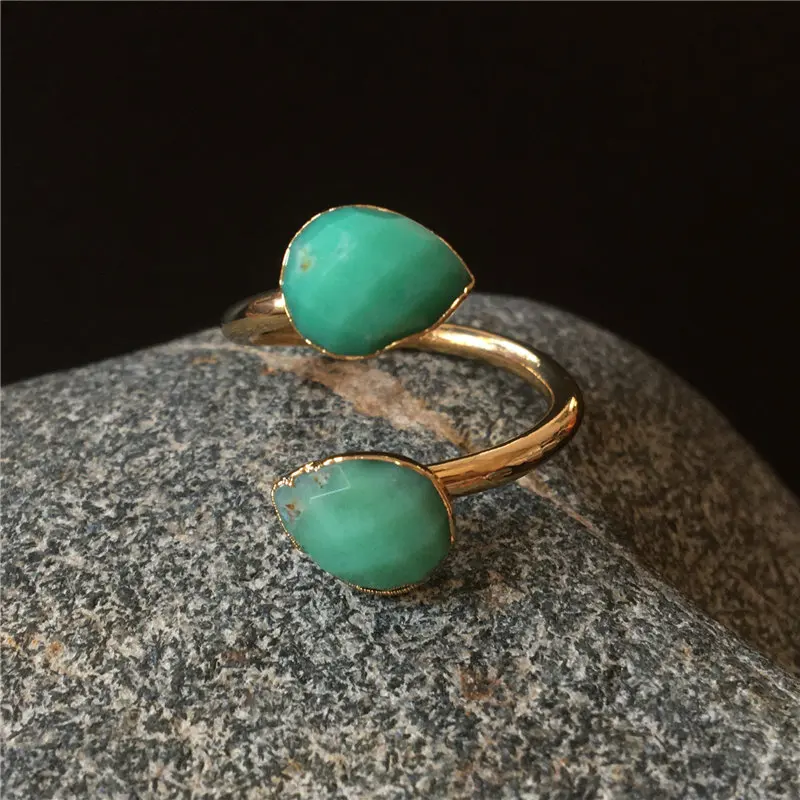 FUWO Amazing Design Double Teardrop Stone Rings Gold Color Plated Natural Crystal Quartz Ring Jewelry Wholesale 5 pieces RG035