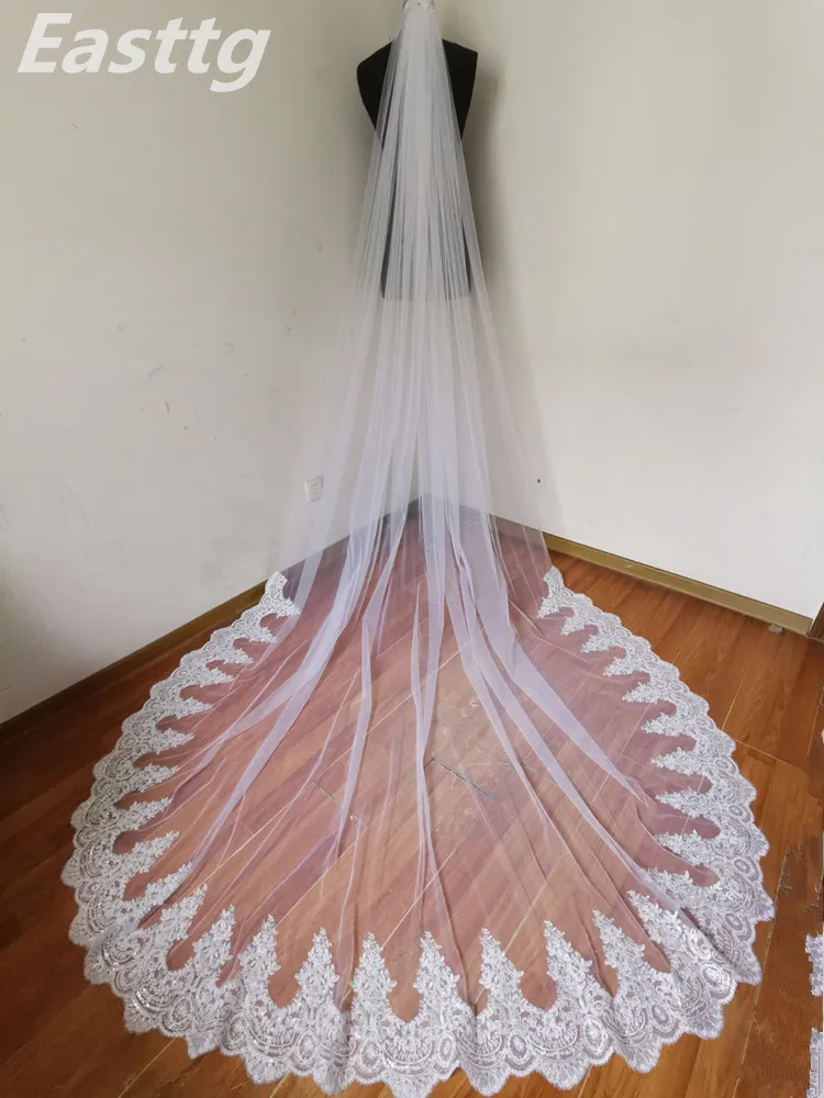 Real Picture Wit Ivoor 108 "W X 120" (3 Meter) bruiloft Sluier Kathedraal Lange Kant Bridal Veil Met Kam Bruiloft Accessoires