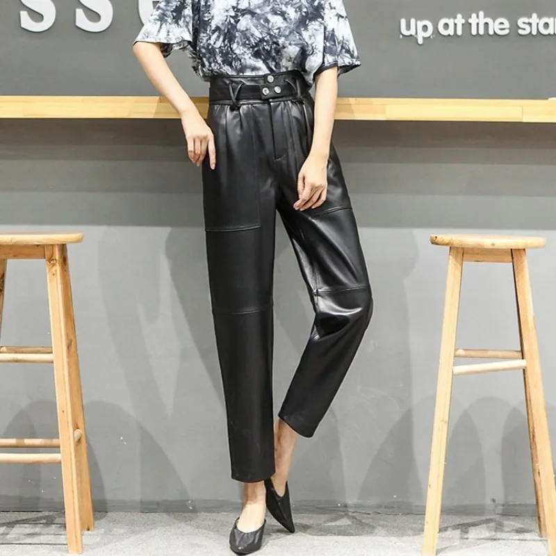 High Waist Genuine Leather Pants Women Casual Loose Fit Sashes Sheepskin Harem Pants Office Lady Ankle Length Straight Trousers