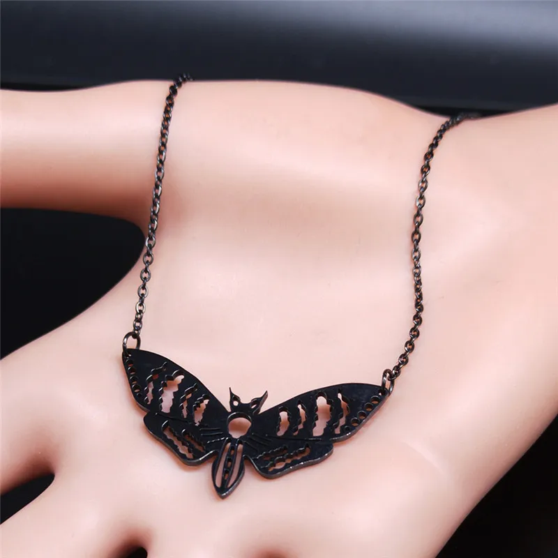 Gothic Moth Edelstahl-Halsketten-Anhänger für Damen und Herren, schwarze Farbe, Kettenhalskette, Schmuck, colgantes mujer moda N3094S03 – Detail 6