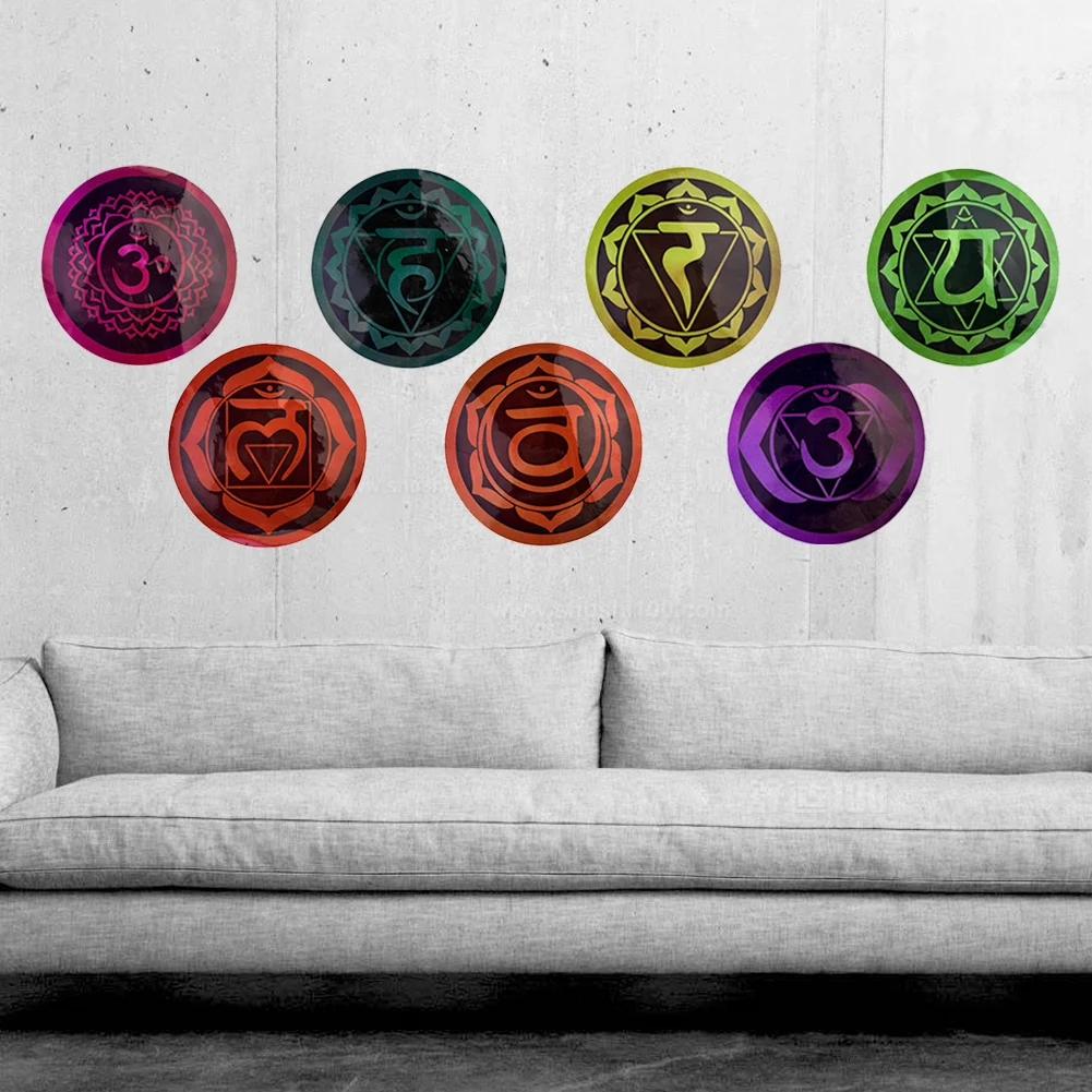 7PCS/set Colorful Seven Chakra PVC Wall Stickers Mandala Yoga Healing Soothing Meditation Symbol Art Wall Decals Home Wall Decor