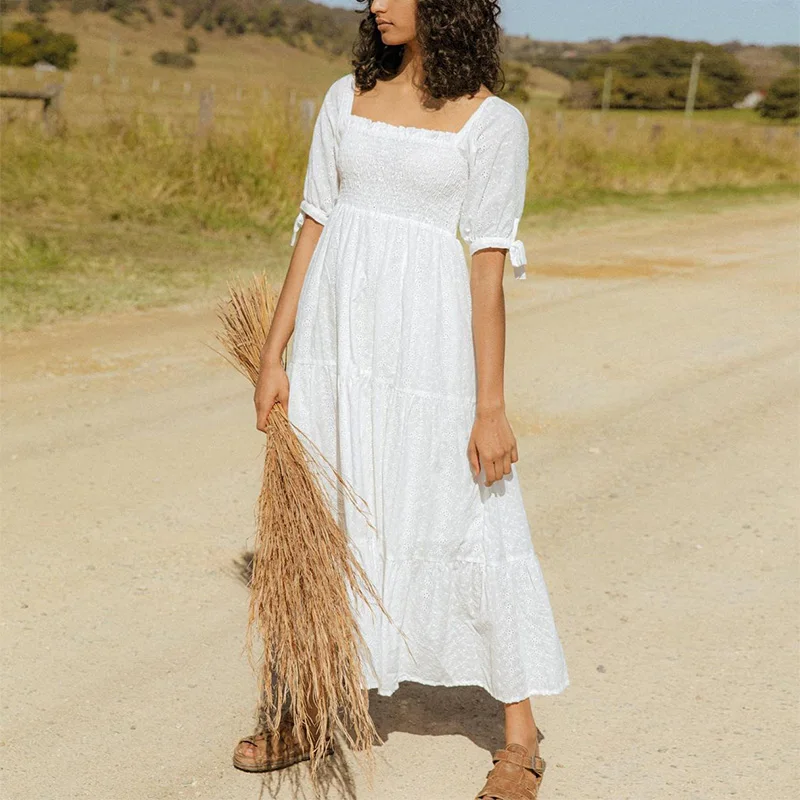 Vestido de verano 2022, ropa de mujer, vestido elegante con volantes y cuello cuadrado bordado, vestido blanco de manga corta con lazo, vestido de playa midi fruncido